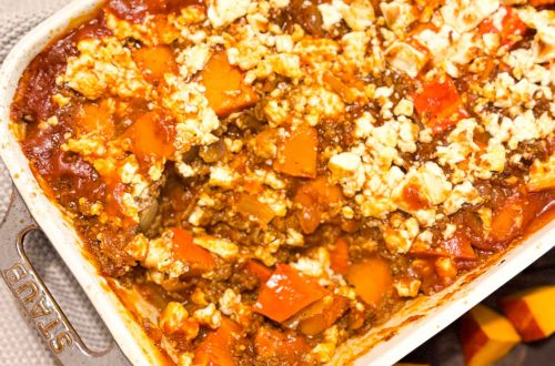 Kuerbis Auflauf mit Hackfleisch und Feta