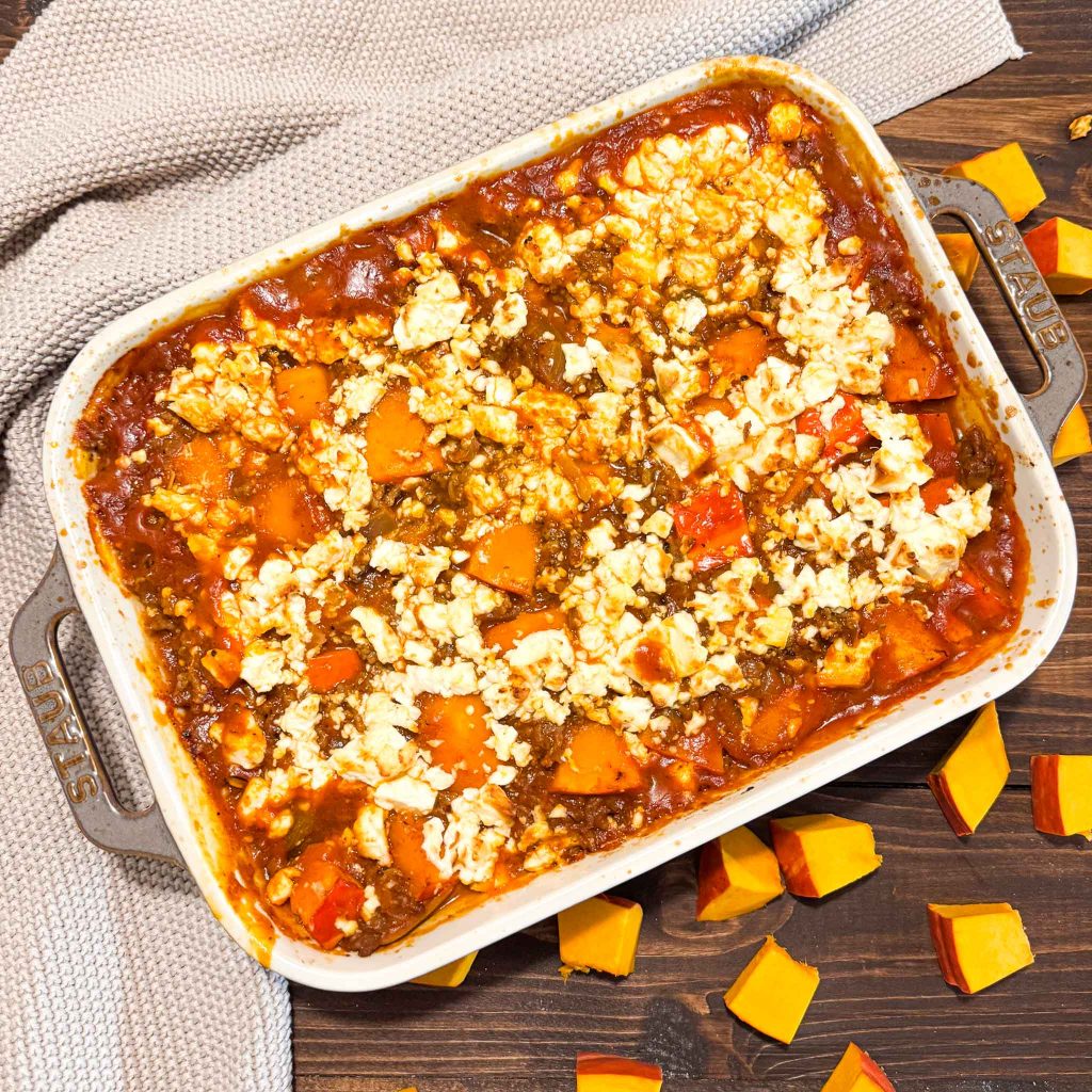 Kürbis Hackfleisch Auflauf mit Feta Rezept